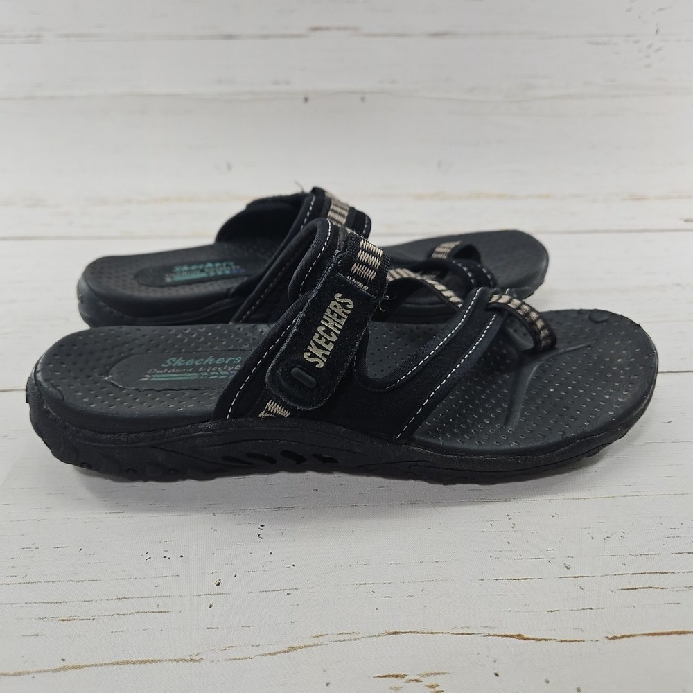 Skechers Reggae Rasta Women 8 Black Tan Flip Flop Thong Sandals Slip On Comfort - Picture 6 of 10